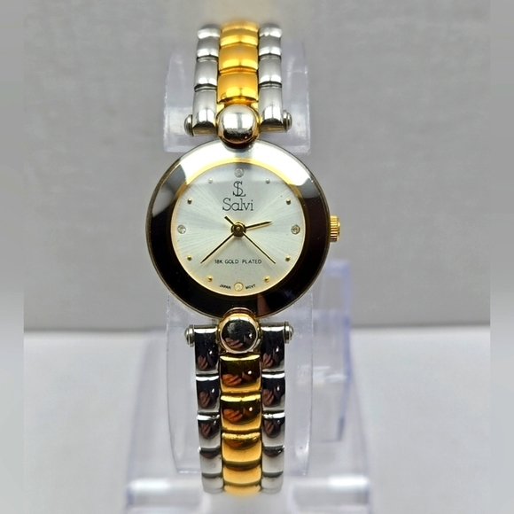 Womens Vintage Salvi 18K Gold Plated Watch 334362 Silver Two Tone New Battery main image 9